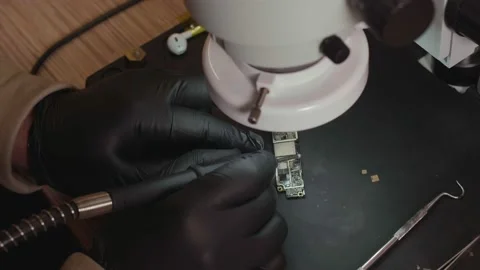 Motherboard repair under a microscope Video stock 172057776