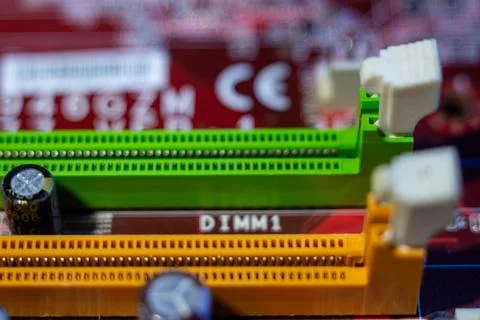 Motherboard slots for ram memory modules on computer circuit board Stock Photos