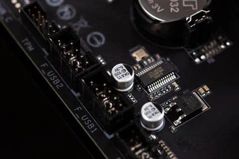 Motherboard on a table close-up, inside of a desktop computer showing chips 写真素材