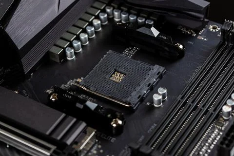 Motherboard on a table close-up, inside of a desktop computer showing chips 写真素材