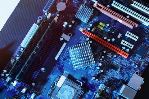 Motherboard on table, top view. Computer repair service 스톡 사진