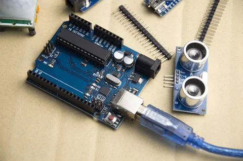 Motherboard top view for using the command program writing a set of instruc.. Stock-Fotos