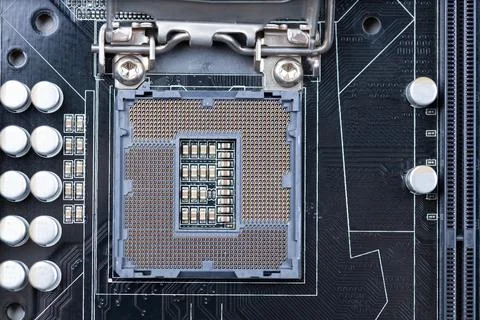 Motherboard without processor. Computer details. Stock Photos
