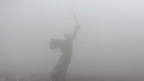 The Motherland Calls monument in fog Stock Footage