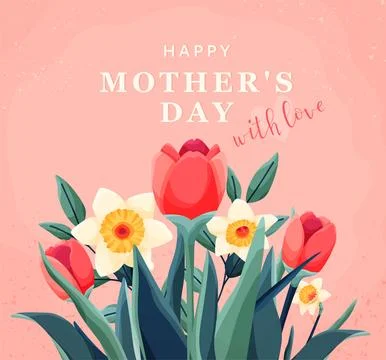 Mothers day card background, vector illustration. Cute tulip and daffodil Stock Illustration