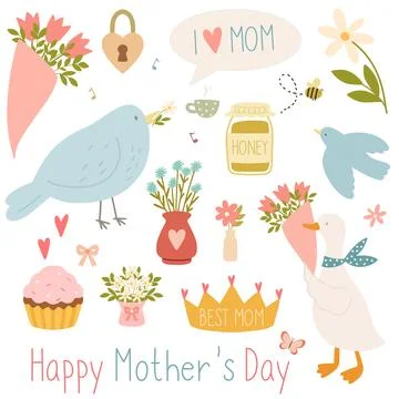 Mothers day celebrating elements with cute cartoon style Stock Illustration