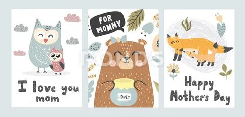 Mothers Day greeting cards collection. Cute animals prints Stock Illustration