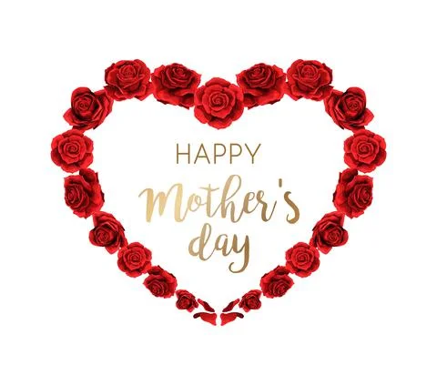 Mothers day heart label frame red roses border isolated on white background Stock Illustration