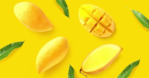 Motion animation with mango. Mango animation on the yellow background. Top view Stock Footage 139076404