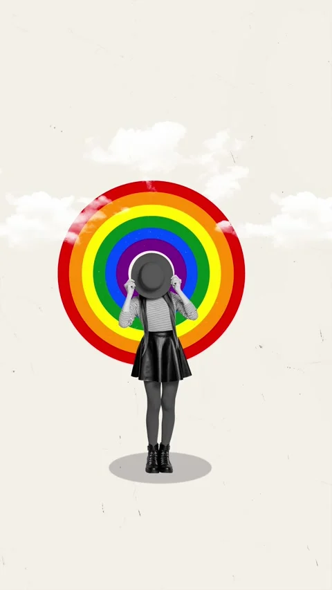 Motion art collage video of anonym girl hold hat rainbow Stock Footage 302158308