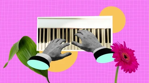 Motion art collage video of composer hands play piano flower Video stock 302994679