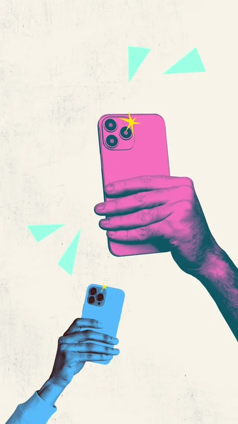 Motion art collage video of hands hold phone flash camera shooting Stock Footage 302983586