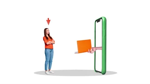 Motion art collage video of happy businesswoman stand phone screen Stock-Footage 302374812