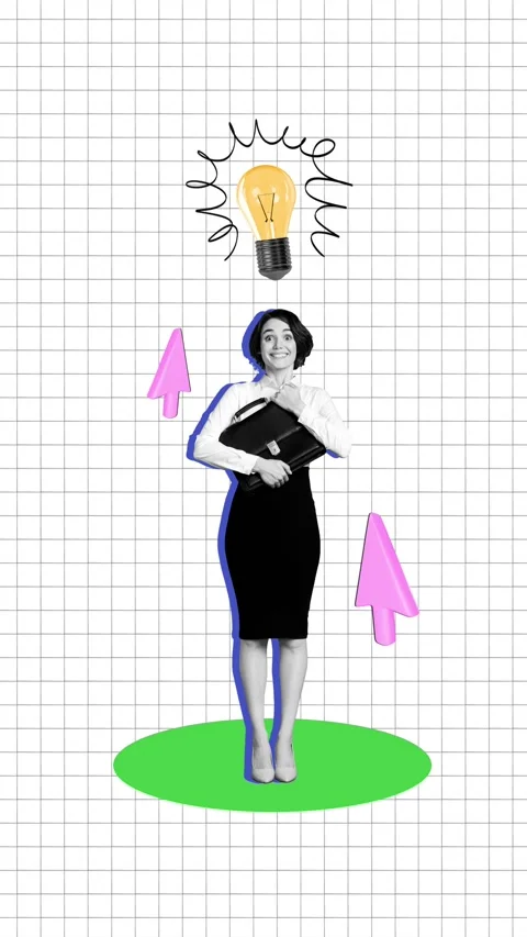 Motion art collage video of happy businesswoman hold briefcase light bulb Stock-Footage 302376161