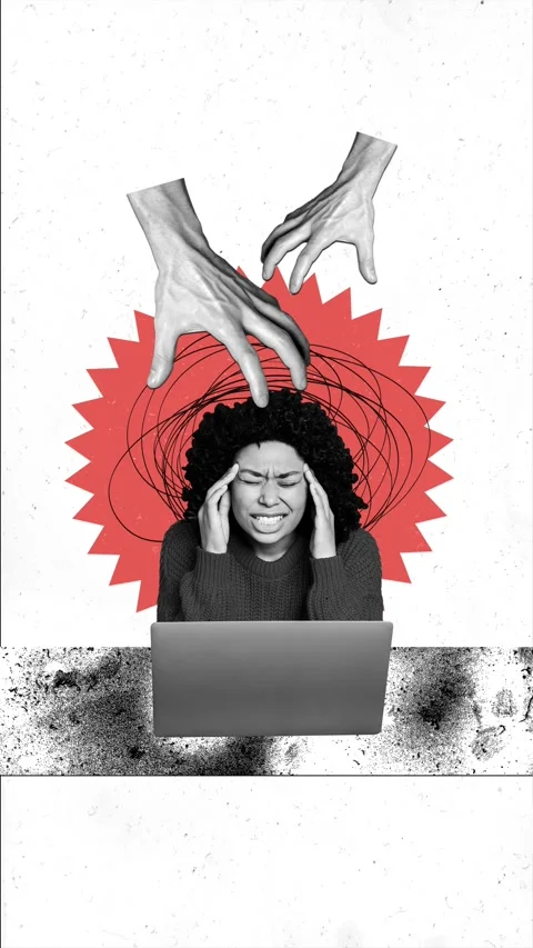 Motion art collage video of puzzled american girl suffer laptop Stock Footage 301632121