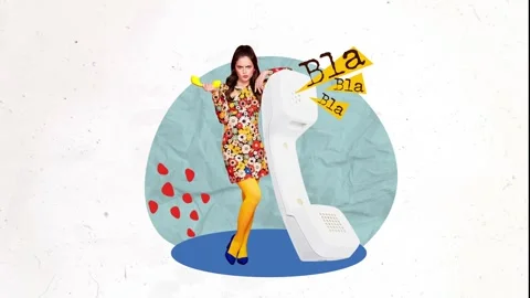 Motion art collage video of puzzled pinup girl hold phone call Stock Footage 302984682
