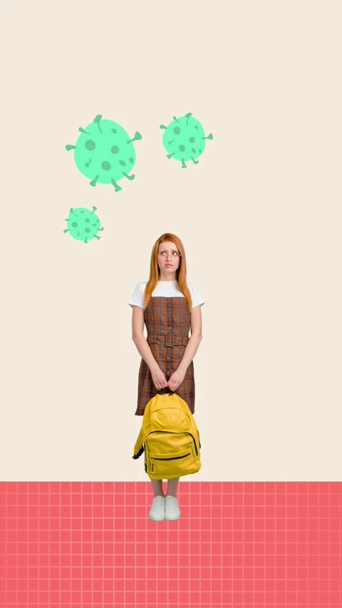 Motion art collage video of puzzled student girl hold backpack hand pills covid Video stock 304500911