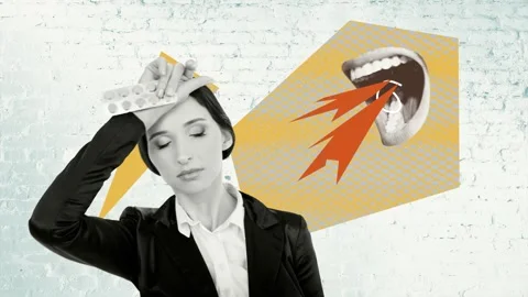 Motion art collage video of puzzled girl hold pills headache mouth scream hate Stock Footage 310671899