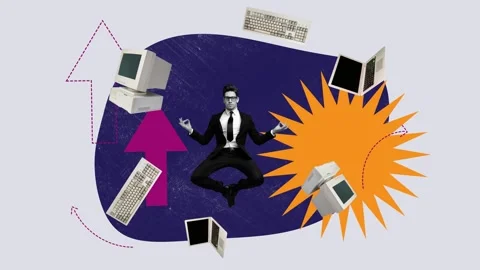 Motion art collage video of serious businessman jump lotus pose Stock Footage 302994478