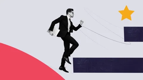 Motion art collage video of serious businessman run career star Stockbeeldmateriaal 302994479