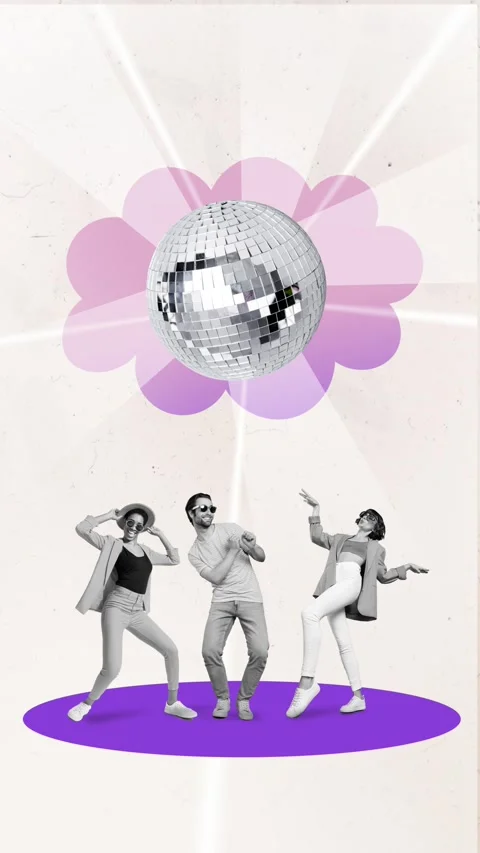 Motion art collage video of three happy girls guy dance disco ball Stock Footage 302985969