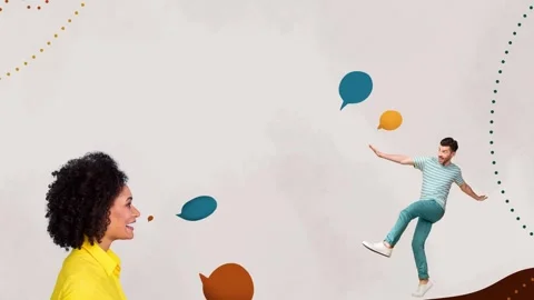 Motion art collage video of two happy american girl slavic man talk bubble Stock Footage 301629664