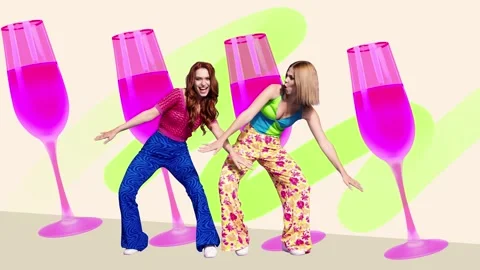 Motion art collage video of two happy girls dance together Stock Footage 301630668