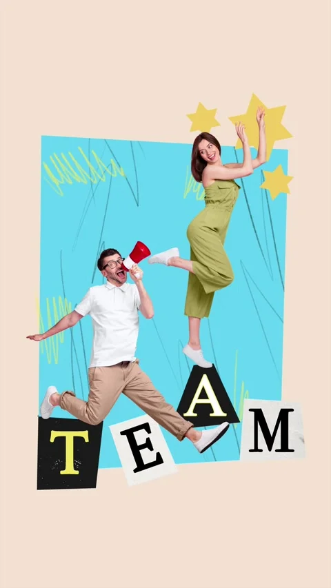 Motion art collage video of two happy girl guy promote news Stock Footage 301633212