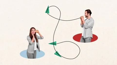 Motion art collage video of two happy girl guy speak telephone imitation cup Stock Footage 302159014