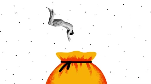 Motion art collage video of two business girl guy wear swimsuit jump bag bitcoin Stock Footage 302986609