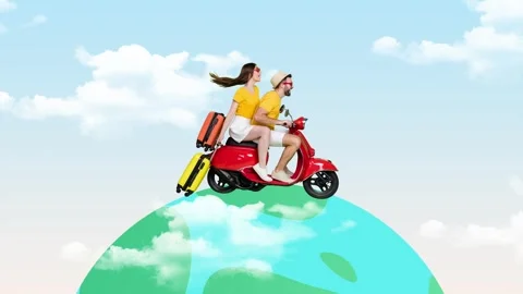 Motion art collage video of two happy girl guy ride moped drive earth Stock Footage 302987766