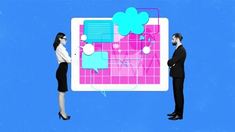 Motion art collage video of two serious man girl stand ereader screen Stock Footage 302990967