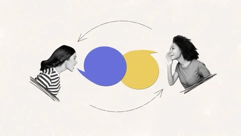Motion art collage video of two happy american slavic girls talk chatterbox Video stock 302991952