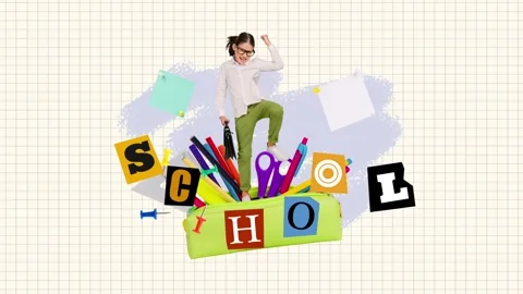 Motion art poster collage video of happy small girl jump pencil-case Stock Footage 301515559