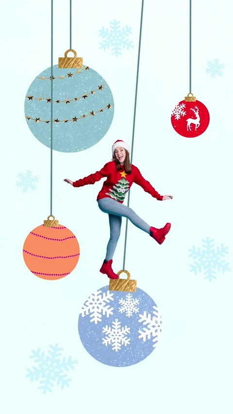 Motion art poster collage video of happy girl wear santa claus hat dance Stock Footage 302986755