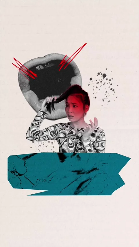 Motion art poster collage video of upset girl hold hair mouth scream hate Stock Footage 310671702
