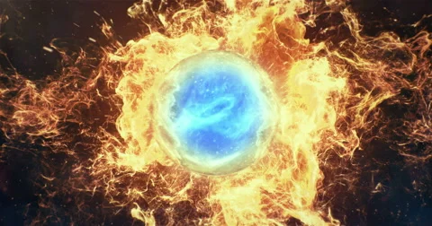 Motion Background VJ Loop - Blue Lens Sphere Orange Fire Particles 4k Stock Footage 67387559