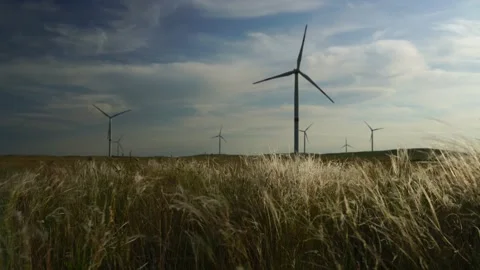 Motion the blades of a large wind turbine in a field against a background of Stock Footage 160241978