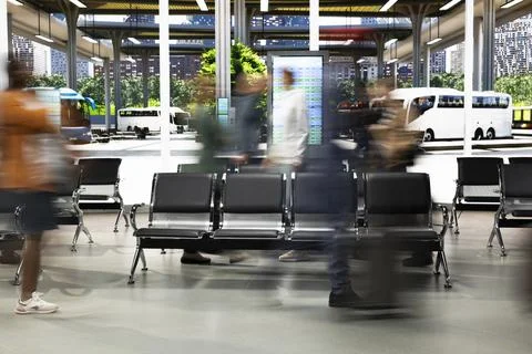Motion blur effect in crowded bus terminal with people walking quickly Stock Photos