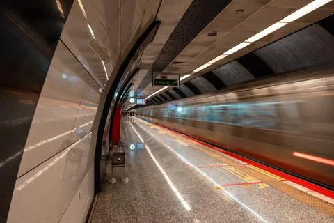 Motion blur of the metro train of M2 metro line of Istanbul. Stock Photos