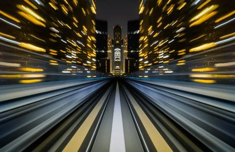 Motion blur train moving in city rail tunnel. イラスト素材