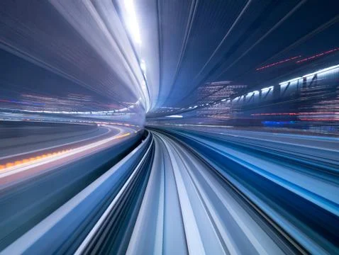 Motion blur of train moving inside tunnel in Tokyo, Japan Stock Photos
