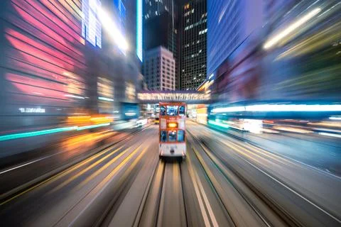 Motion blur of trams moving in the central district, Hong Kong, China Stock Photos