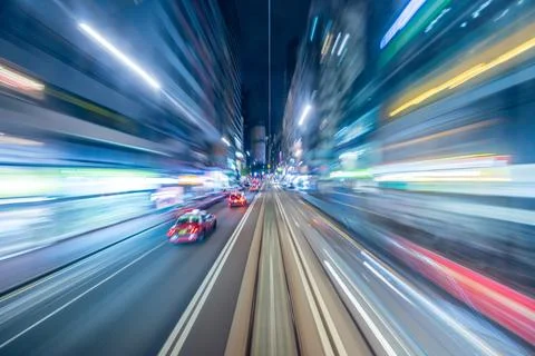 Motion blur of trams moving in the central district, Hong Kong, China Stock Photos