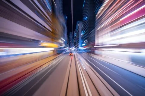 Motion blur of trams moving in the central district, Hong Kong, China Stock Photos