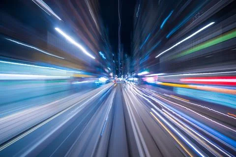 Motion blur of trams moving in the central district, Hong Kong, China Fotos Stock