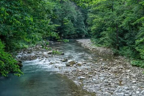 Motion blurred rapids of Khosta River with wet boulders and shore strewn with Stock Photos