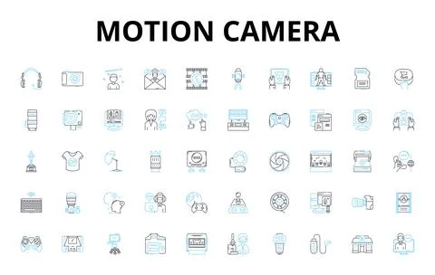 Motion camera linear icons set. Action, Adventure, Waterproof, Durability Stock Illustration