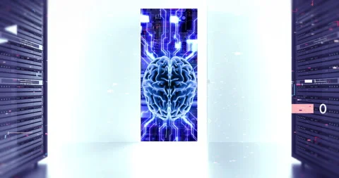 Motion of camera moving through server aisle into central AI unit. Stock Footage 332293777