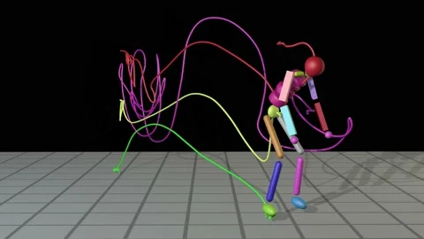 Motion capture paths of jumping man , 3d animation render Stock Footage 142429577